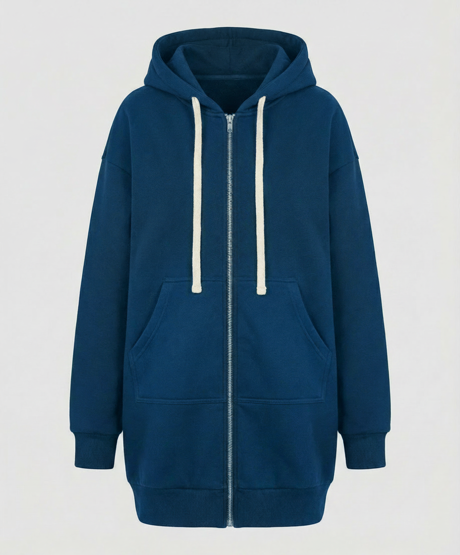 Woman wearing a knee length hooded sweatshirt
