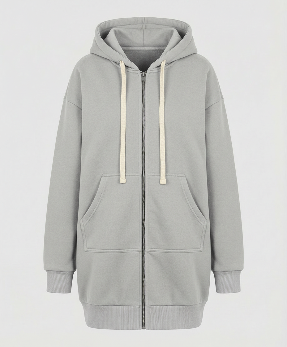 Woman wearing a knee length hooded sweatshirt