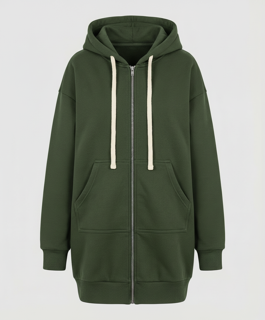 Woman wearing a knee length hooded sweatshirt
