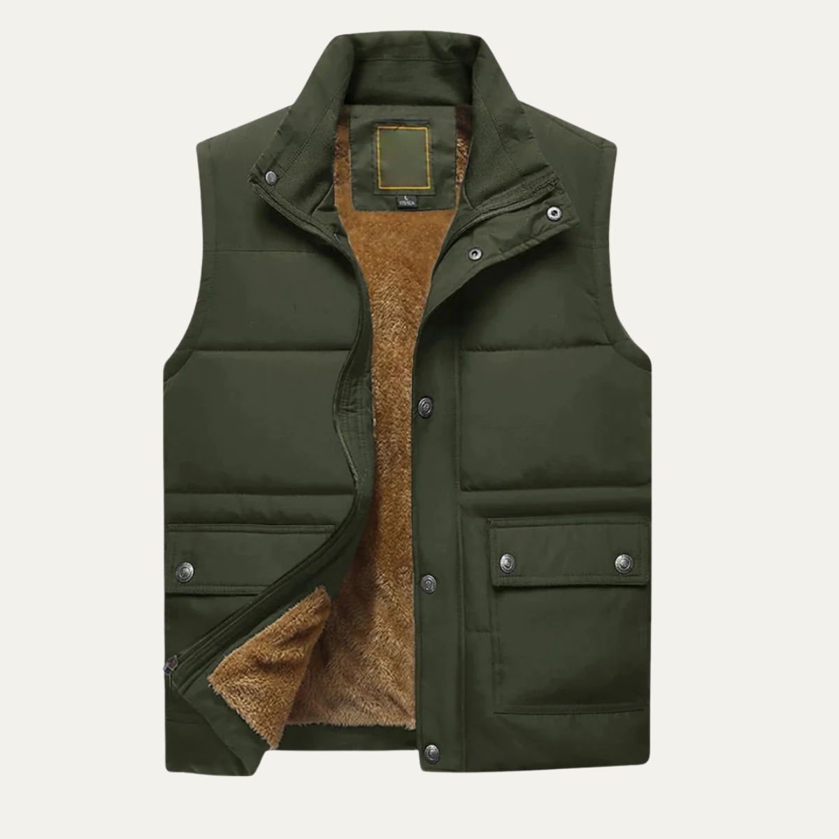 Army Green sherpa lined puffer vest for men.
