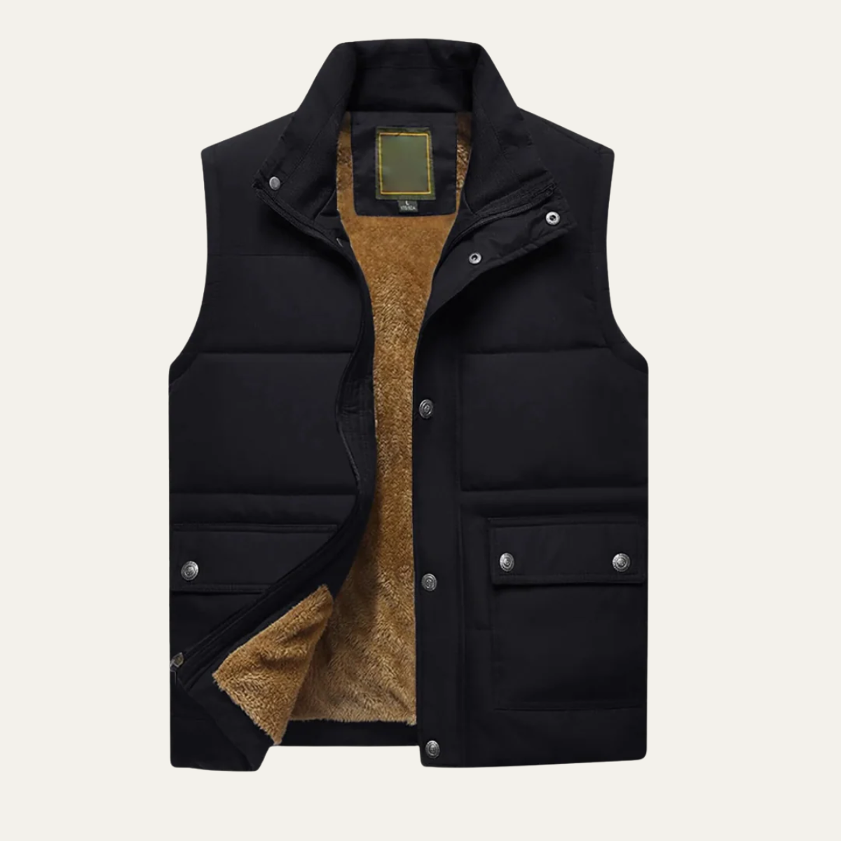 Black sherpa lined puffer vest for men.