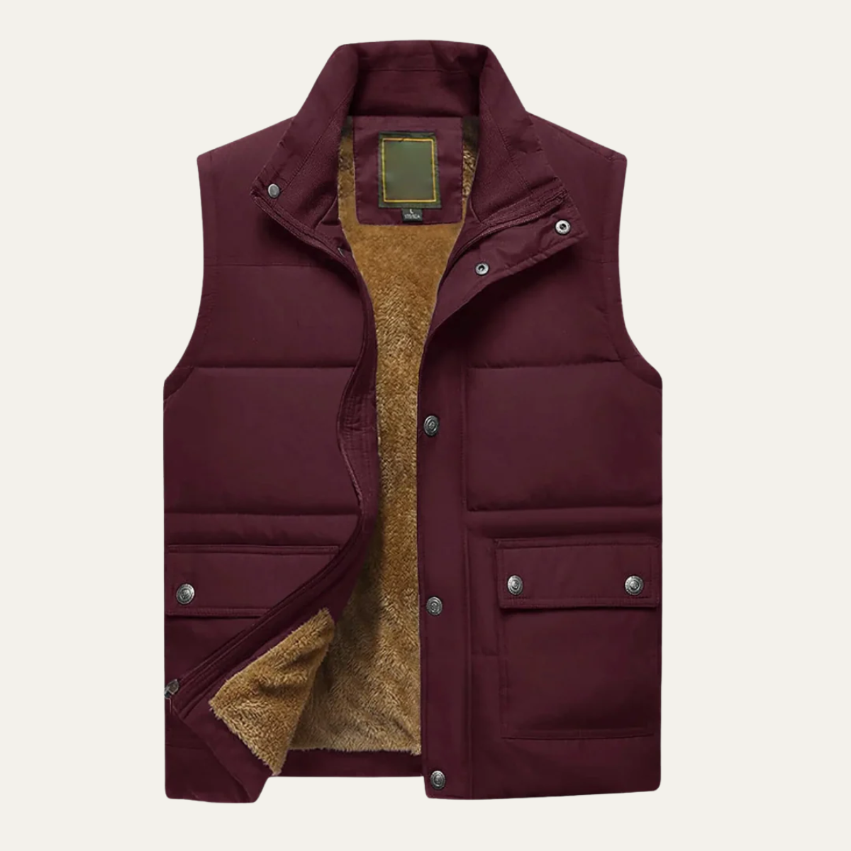 Burgundy sherpa lined puffer vest for men.
