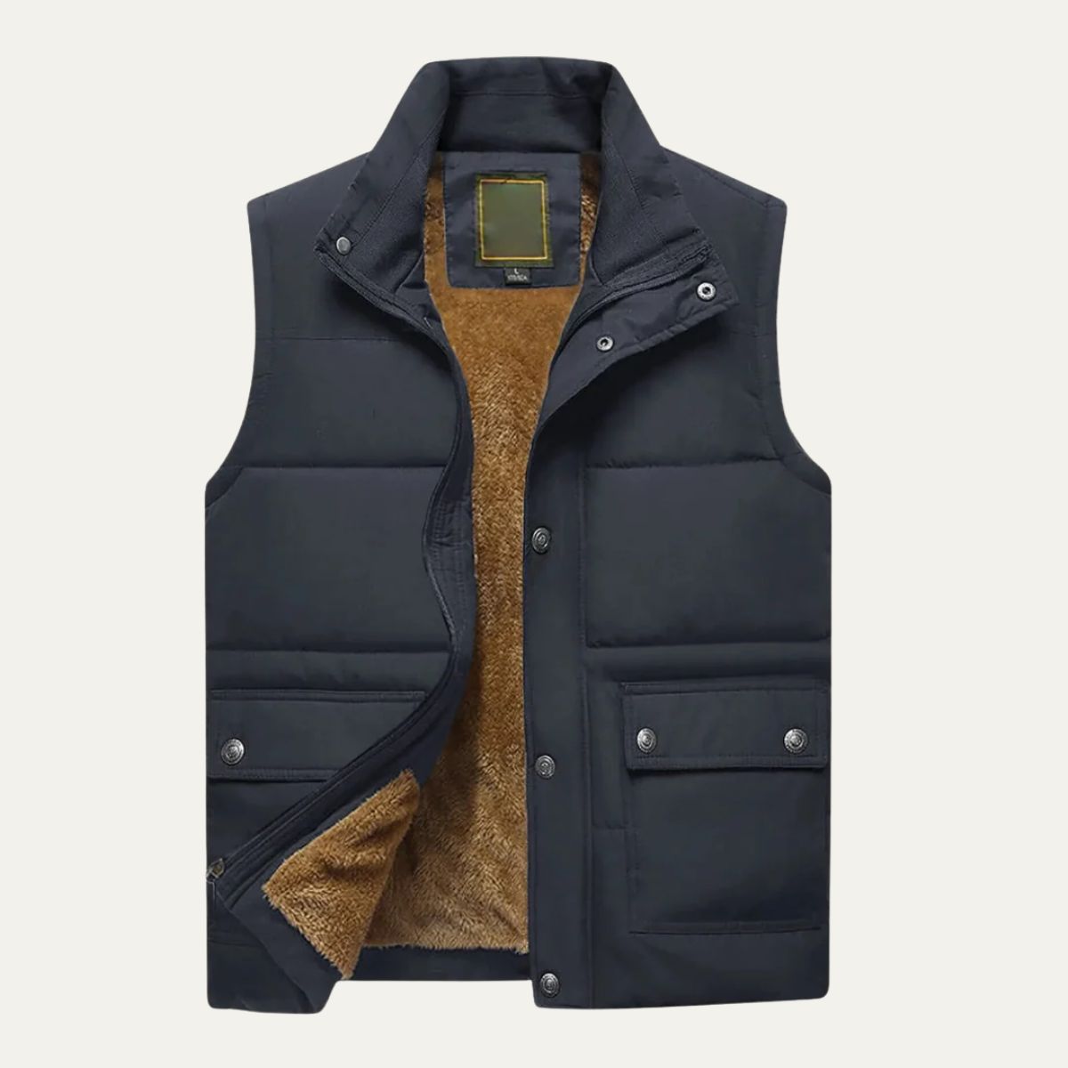 Gray sherpa lined puffer vest for men.