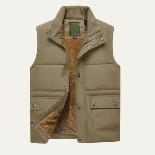 Khaki sherpa lined puffer vest for men.