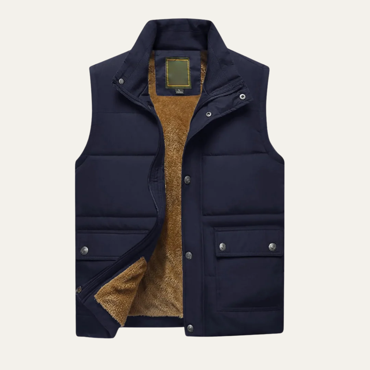 Navy sherpa lined puffer vest for men.