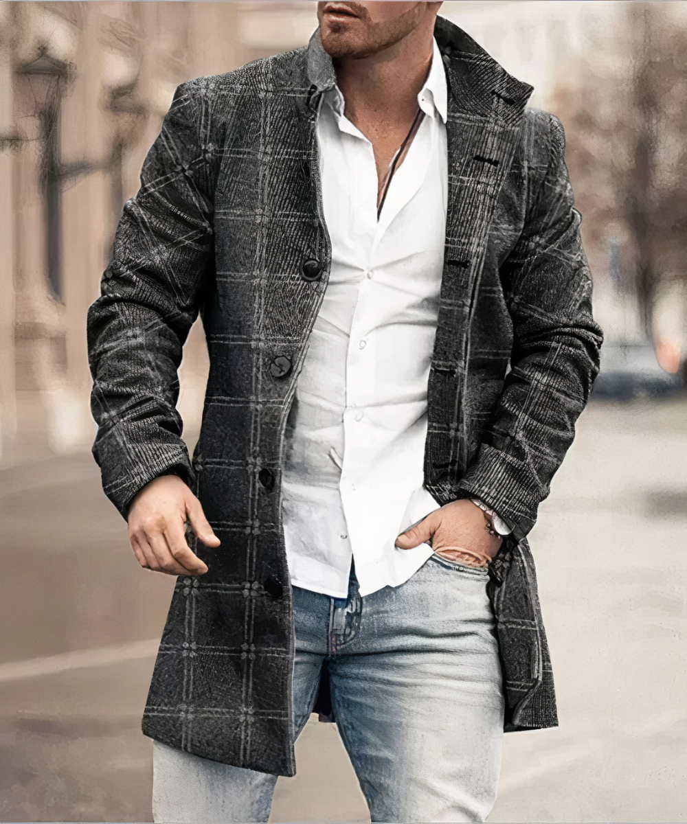 Man wearing a double breasted trench coat