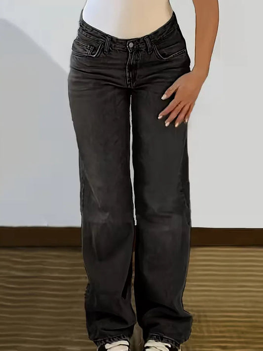Woman wearing Liana relaxed mid rise straight leg jeans