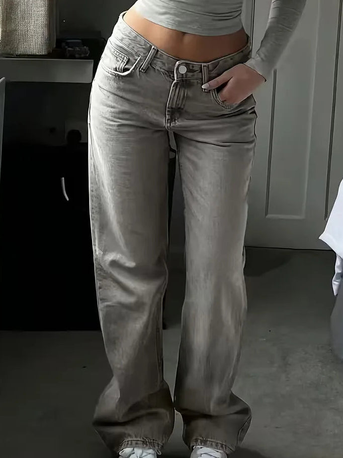 Woman wearing Liana relaxed mid rise straight leg jeans
