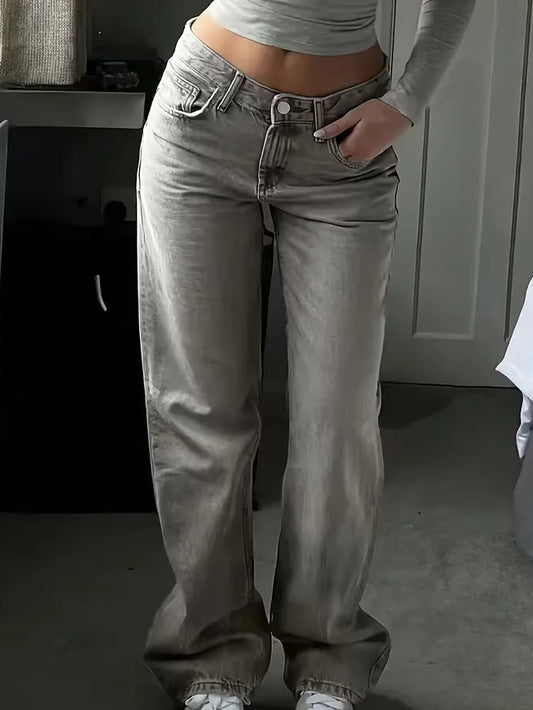 Woman wearing Liana relaxed mid rise straight leg jeans