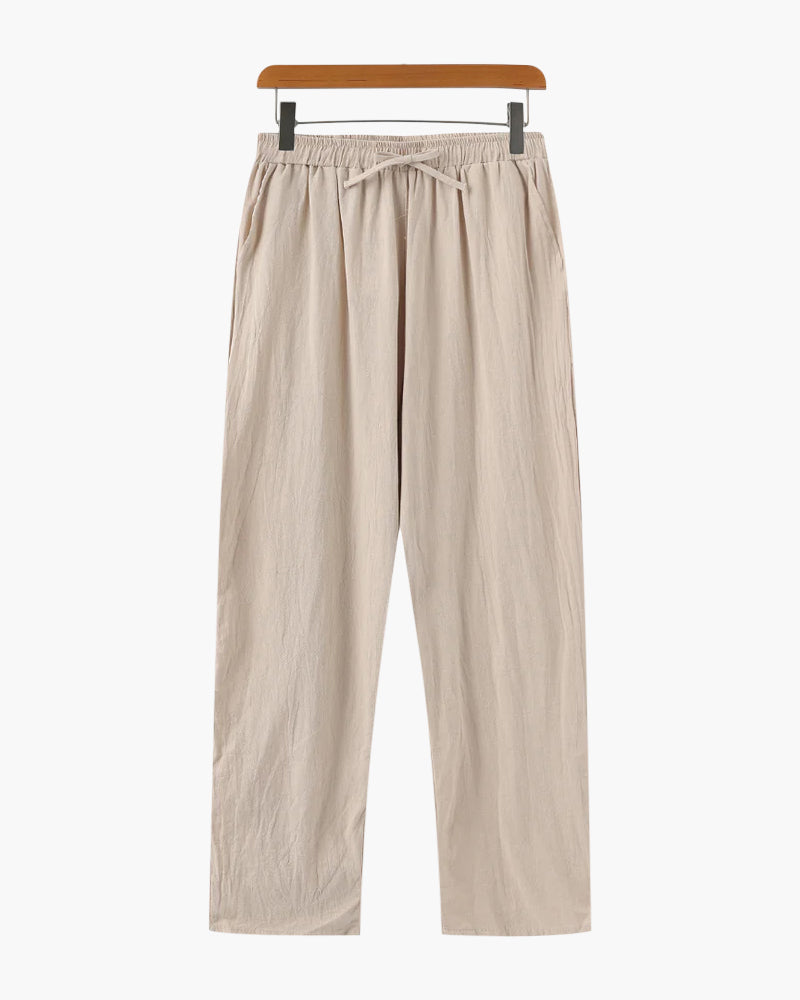 Woman wearing high waist linen pants