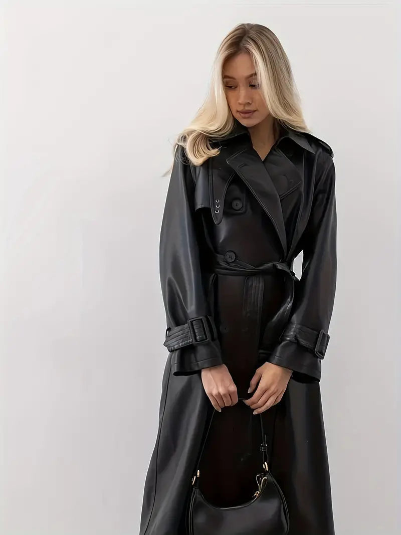 Woman wearing a faux leather trench coat