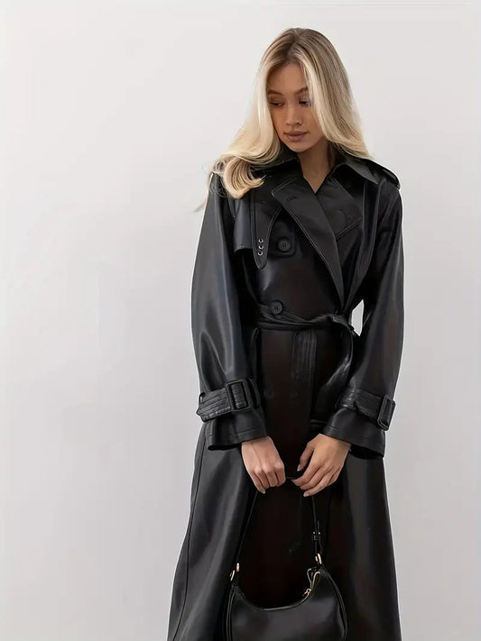 Woman wearing a faux leather trench coat