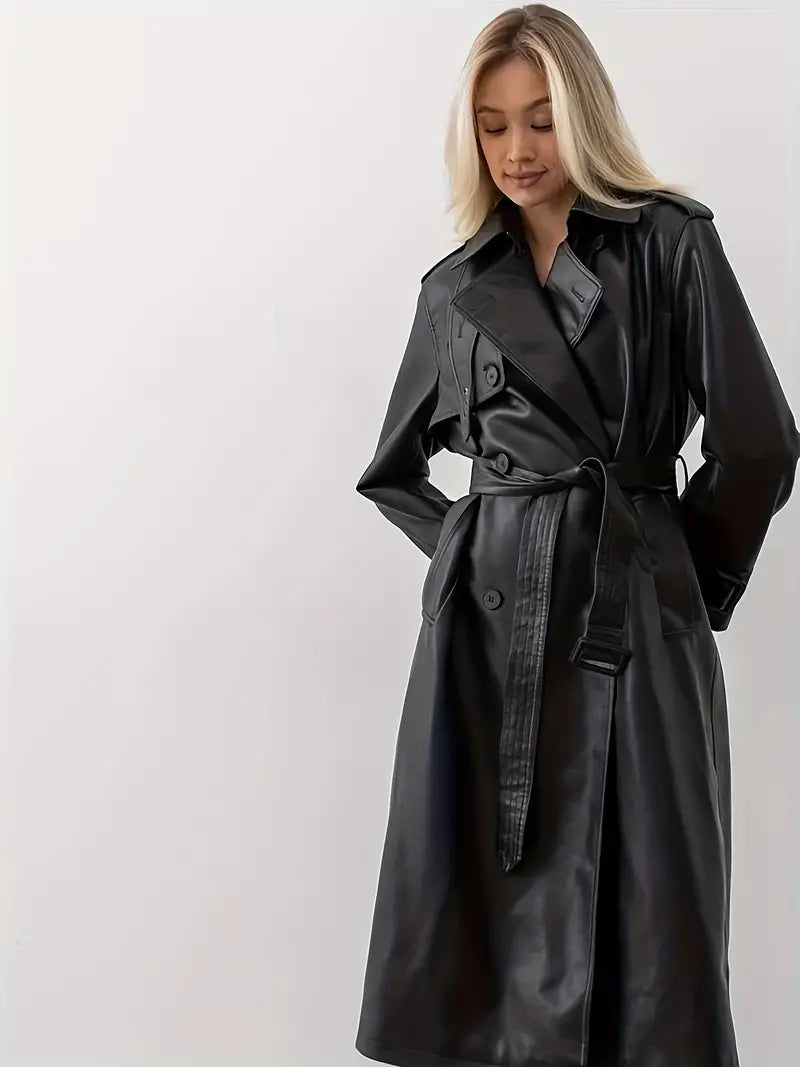 Woman wearing a faux leather trench coat
