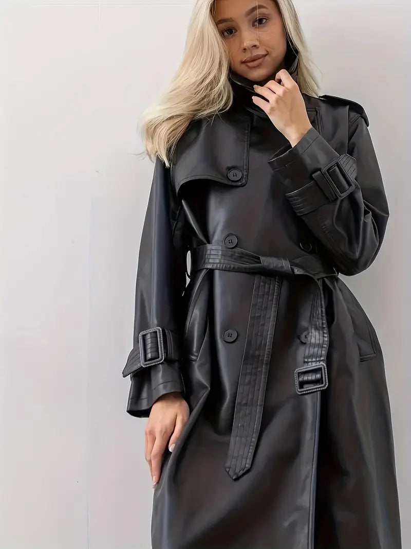 Woman wearing a faux leather trench coat