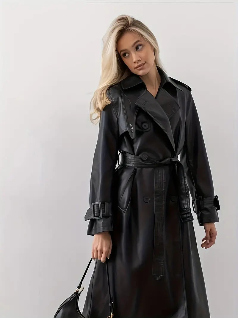 Woman wearing a faux leather trench coat