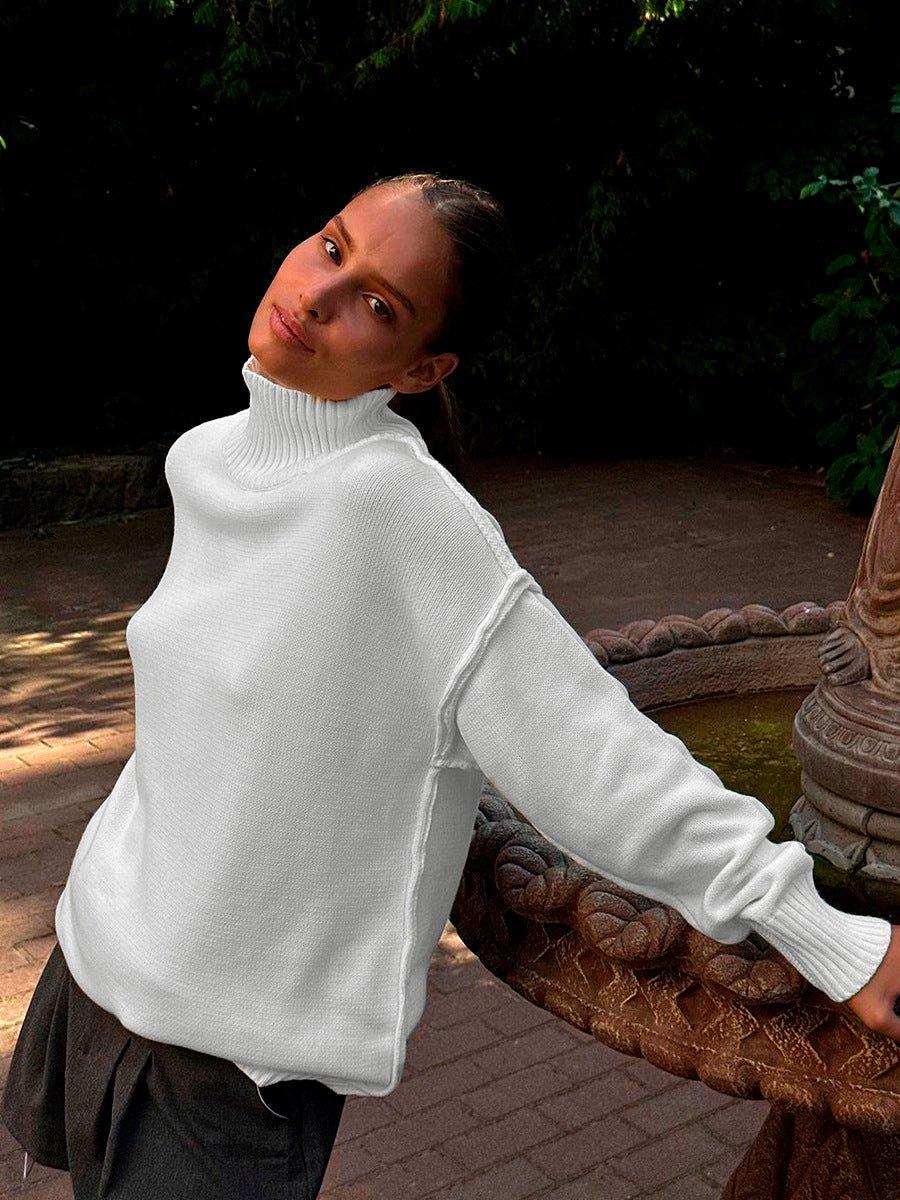 Woman wearing a textured oversized turtleneck sweater