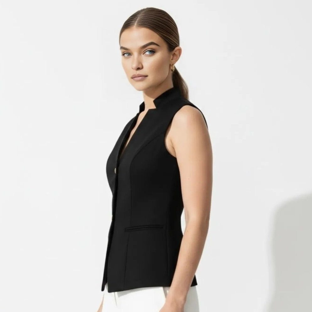 Woman wearing a black tailored sleeveless stand collar vest with gold buttons