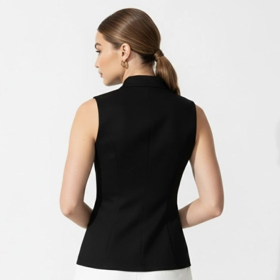 Woman wearing a black tailored sleeveless stand collar vest with gold buttons