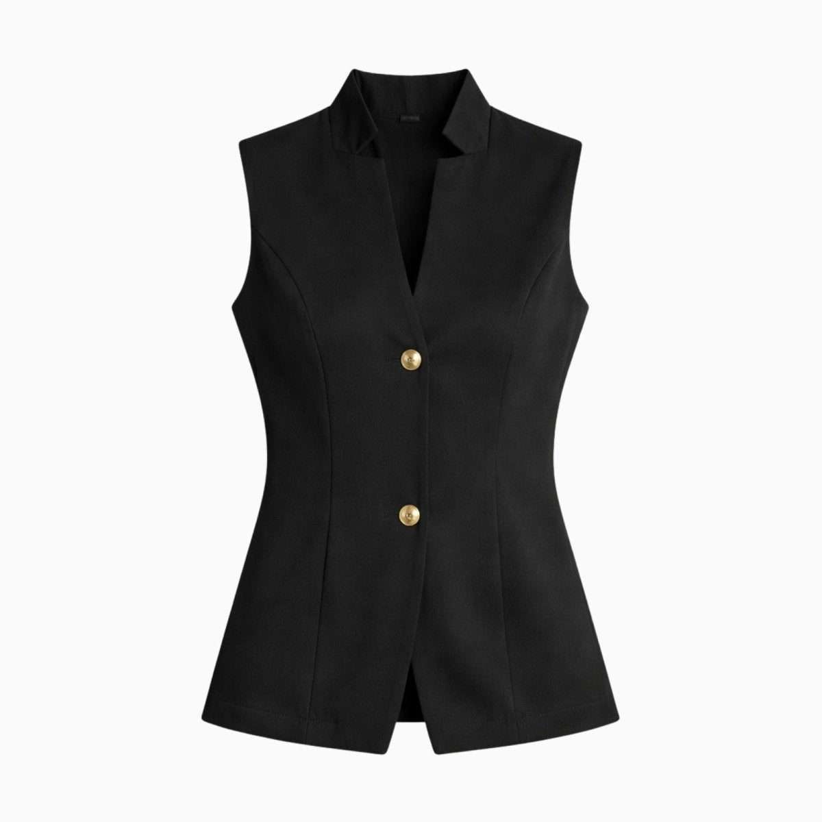 Woman wearing a black tailored sleeveless stand collar vest with gold buttons