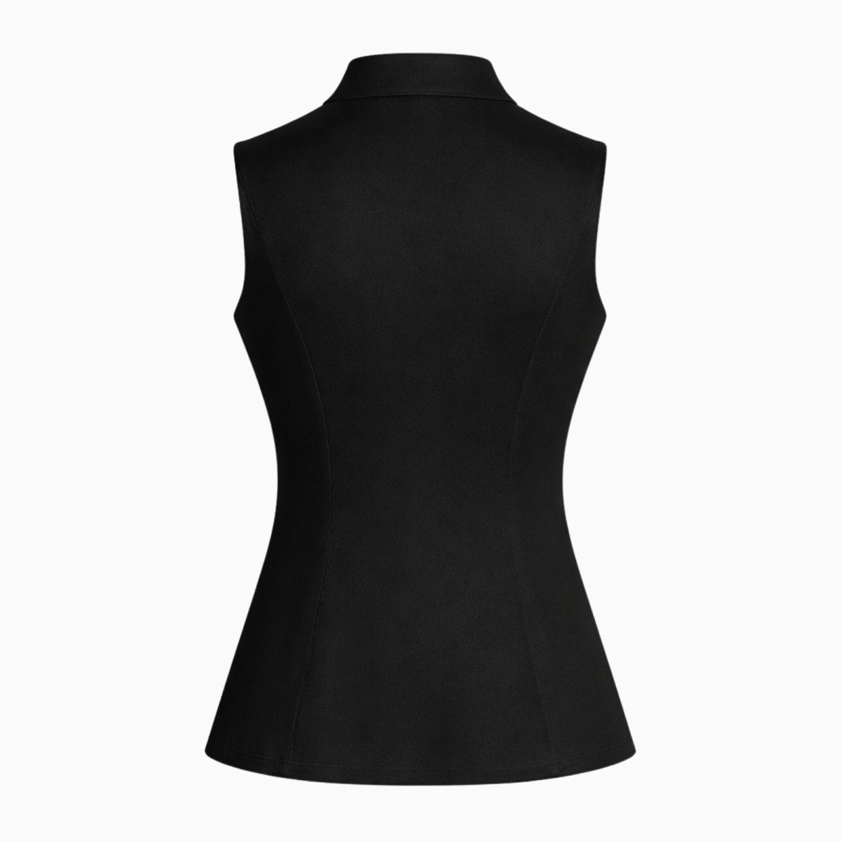 Woman wearing a black tailored sleeveless stand collar vest with gold buttons
