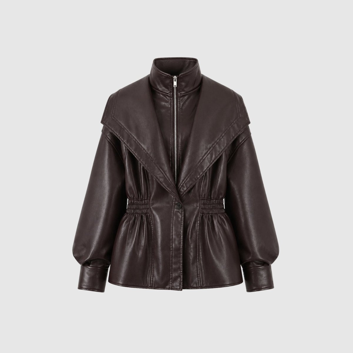 Woman wearing a cinched waist faux leather funnel neck jacket