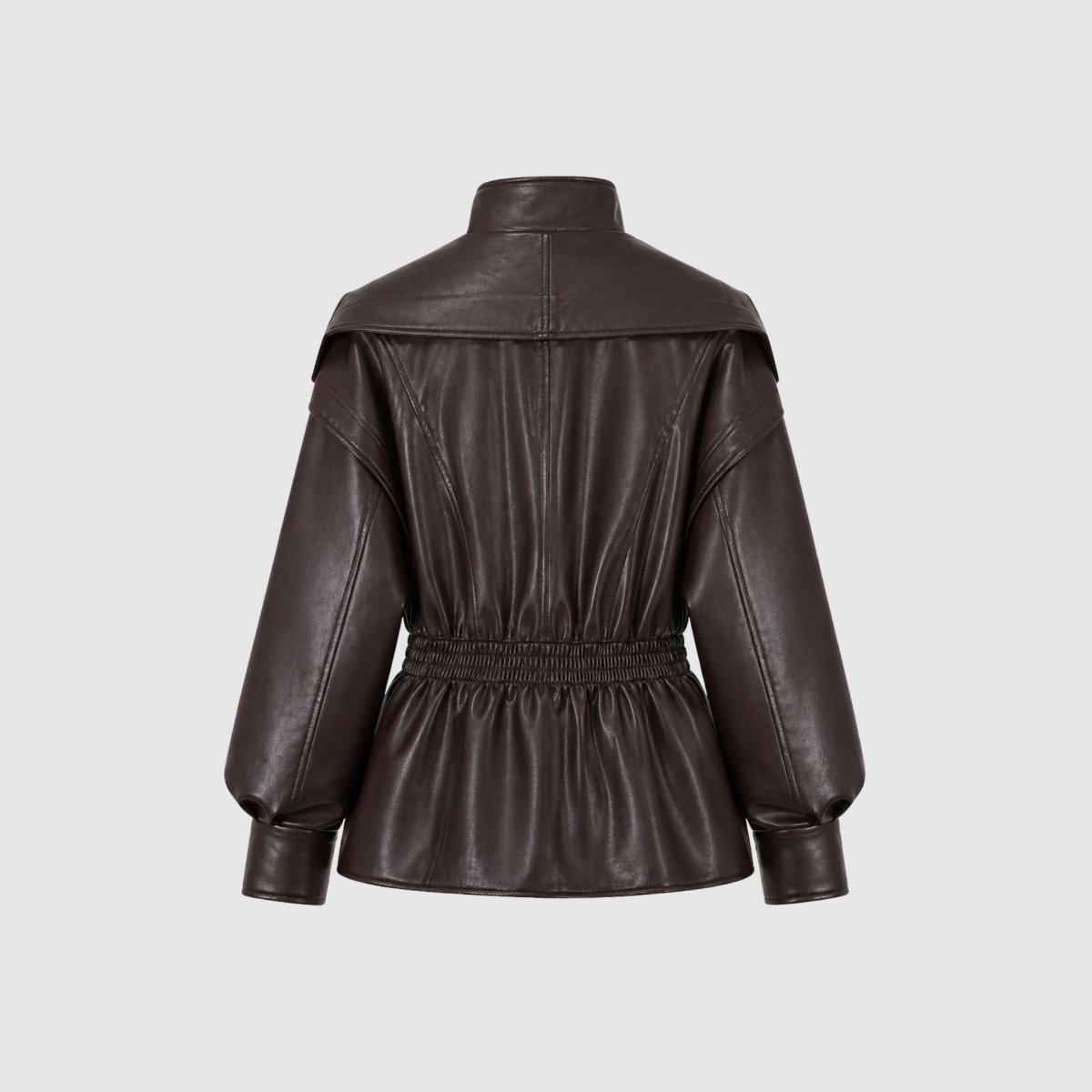 Woman wearing a cinched waist faux leather funnel neck jacket