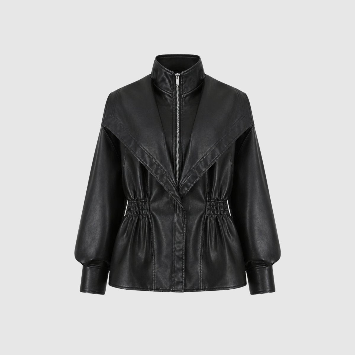 Woman wearing a cinched waist faux leather funnel neck jacket
