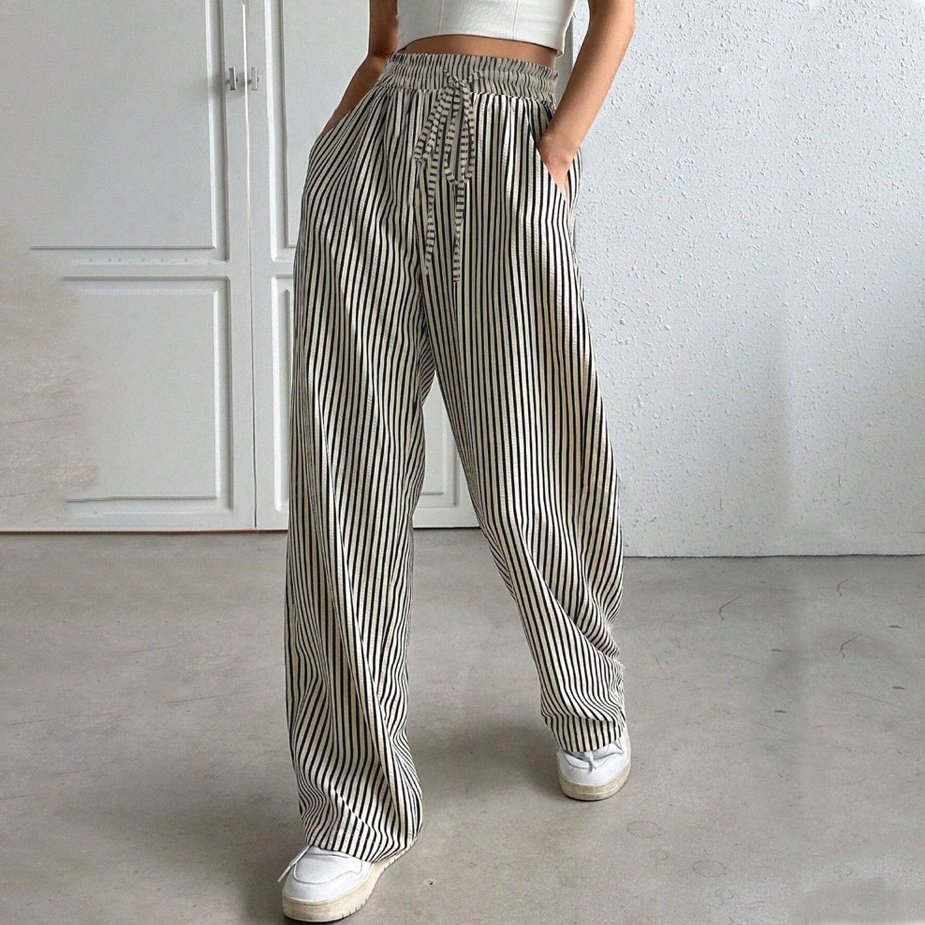 Woman wearing striped relaxed summer pants