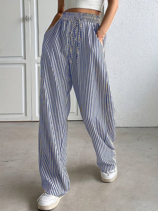 Woman wearing striped relaxed summer pants