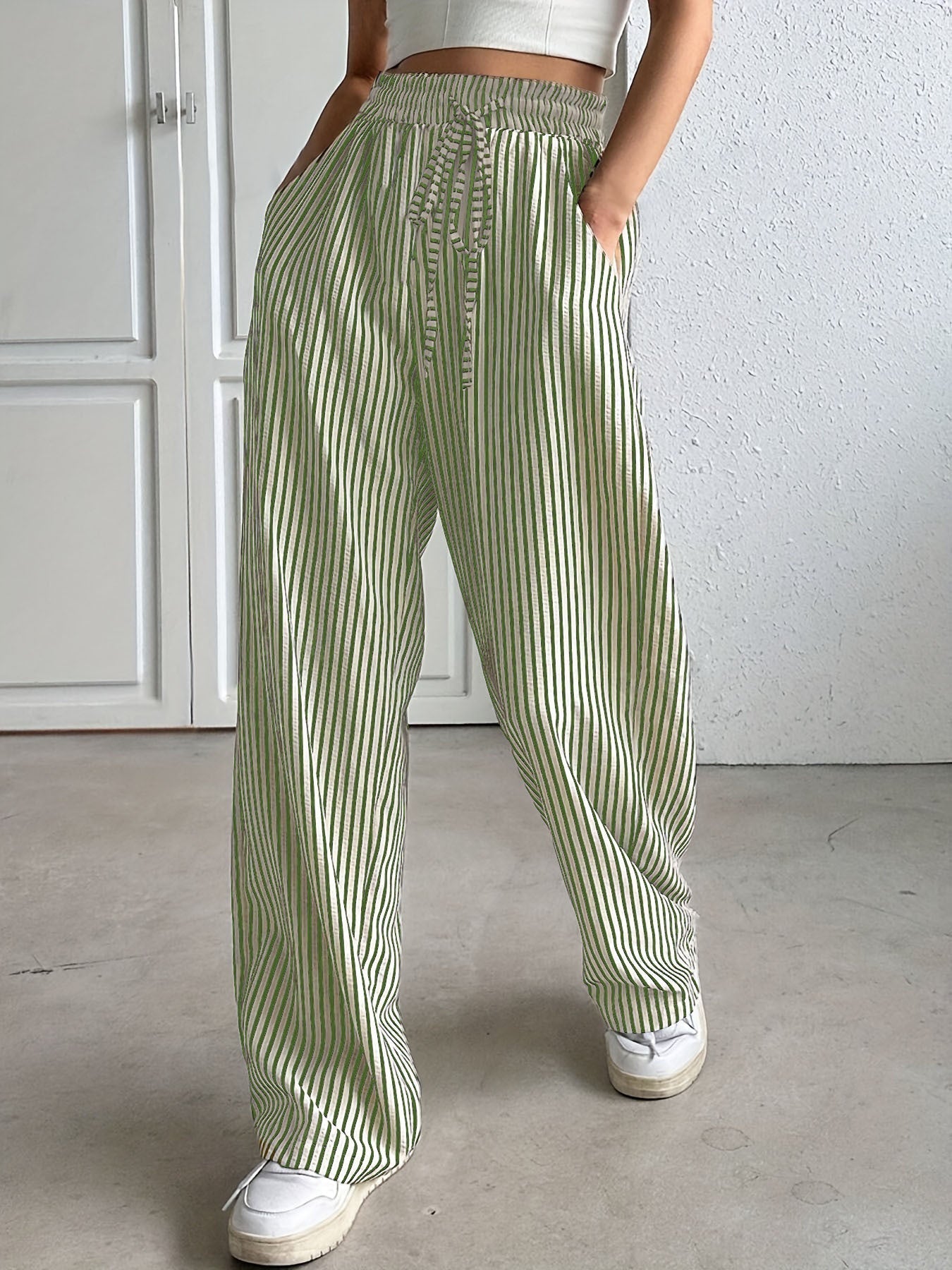 Woman wearing striped relaxed summer pants