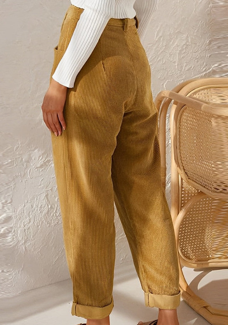 Woman wearing corduroy straight leg pants