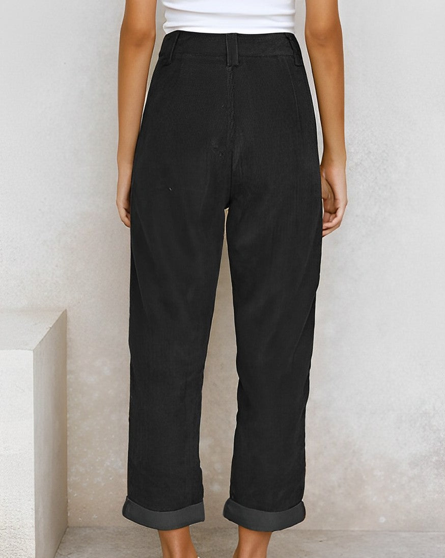 Woman wearing corduroy straight leg pants