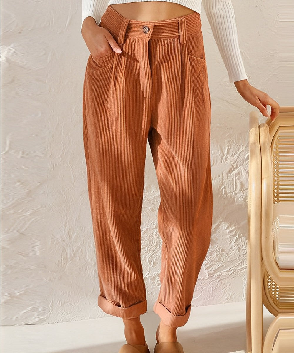 Woman wearing corduroy straight leg pants
