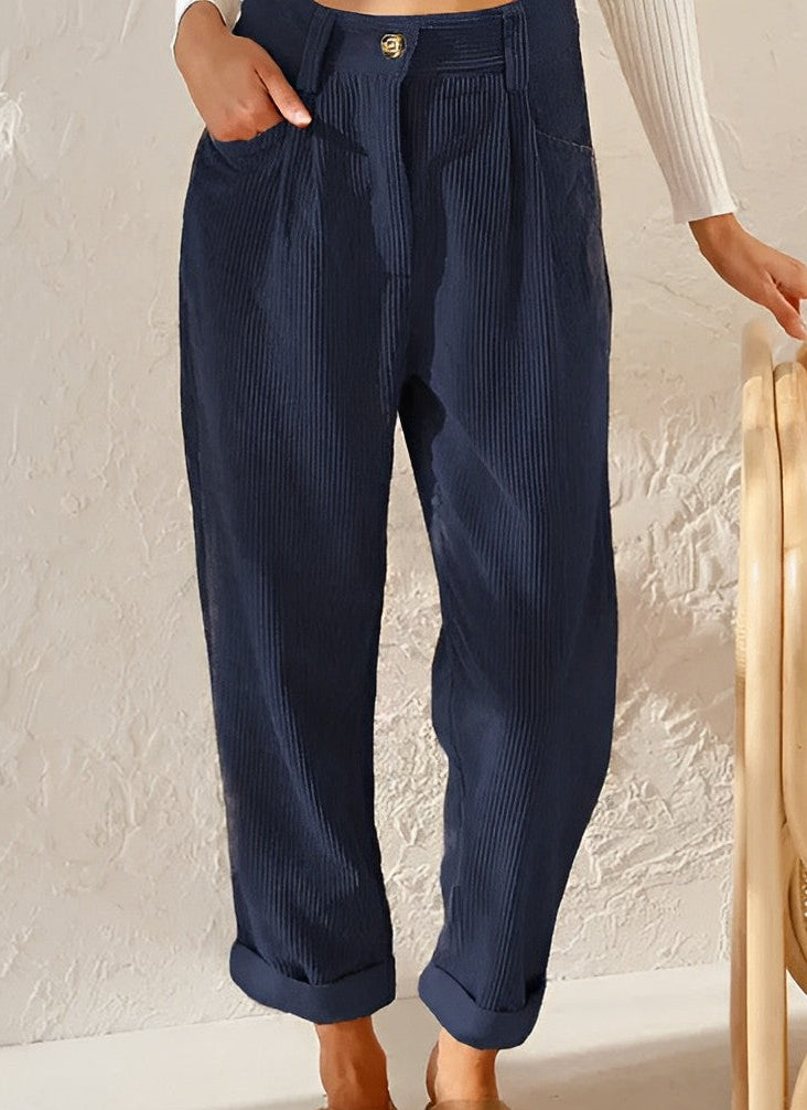 Woman wearing corduroy straight leg pants
