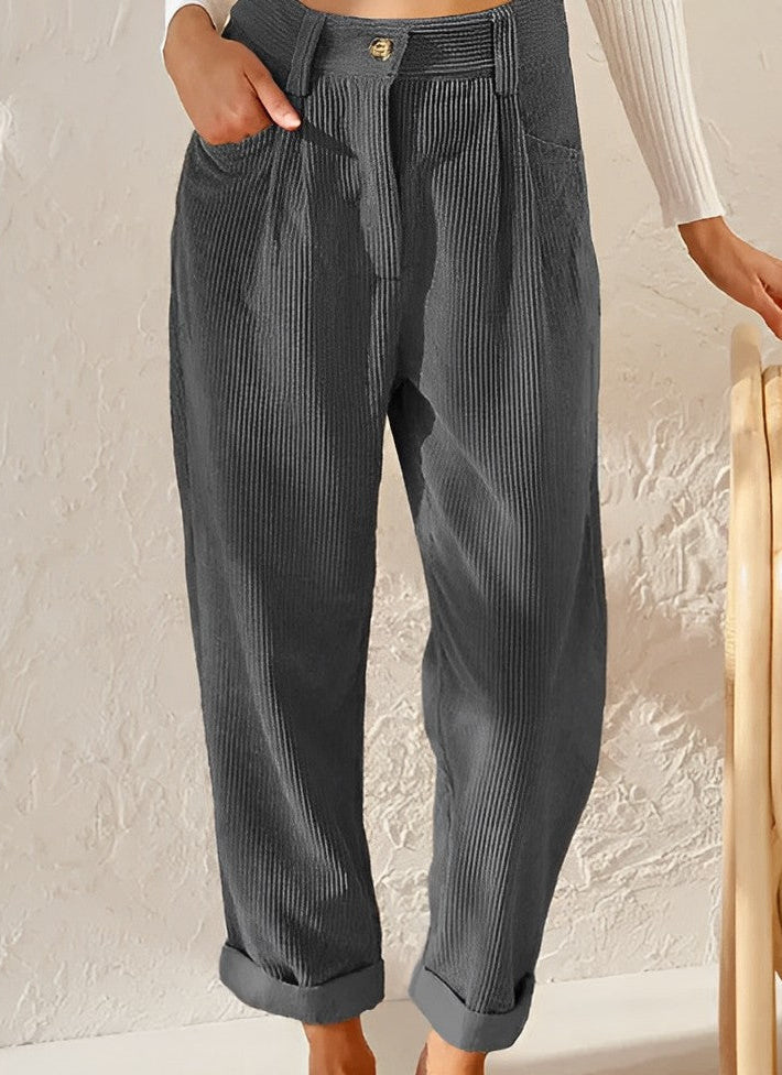 Woman wearing corduroy straight leg pants