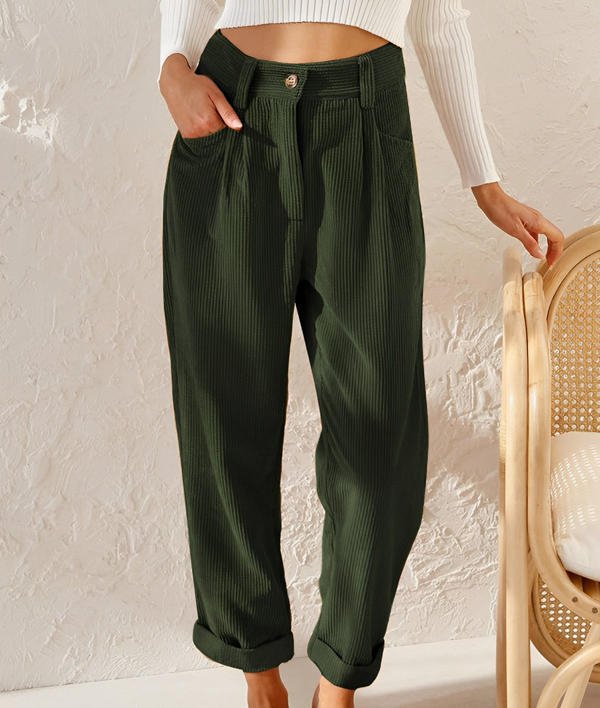 Woman wearing corduroy straight leg pants