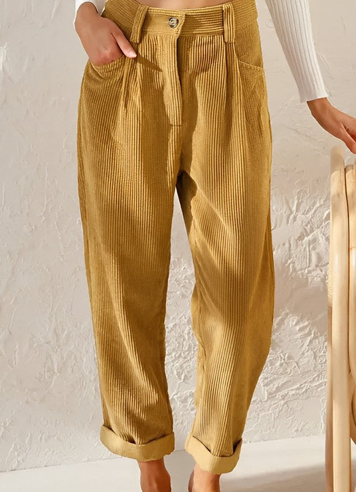 Woman wearing corduroy straight leg pants