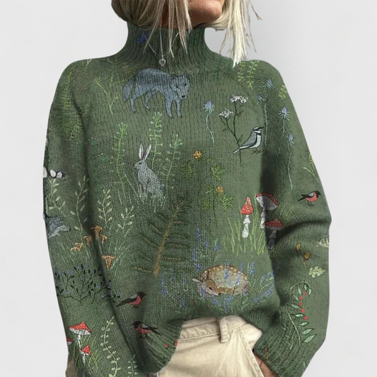Woman wearing a printed turtleneck sweater with all-over artwork and ribbed cuffs