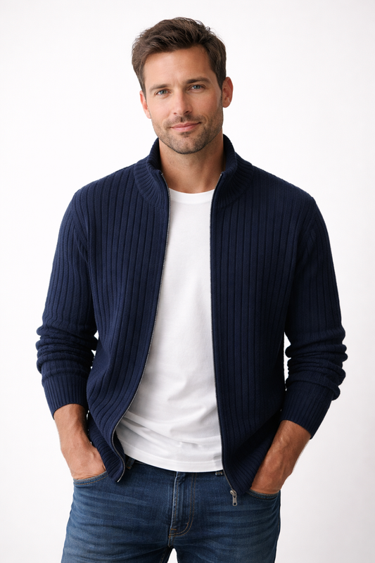 Men's ribbed knit zip up vest with stand collar