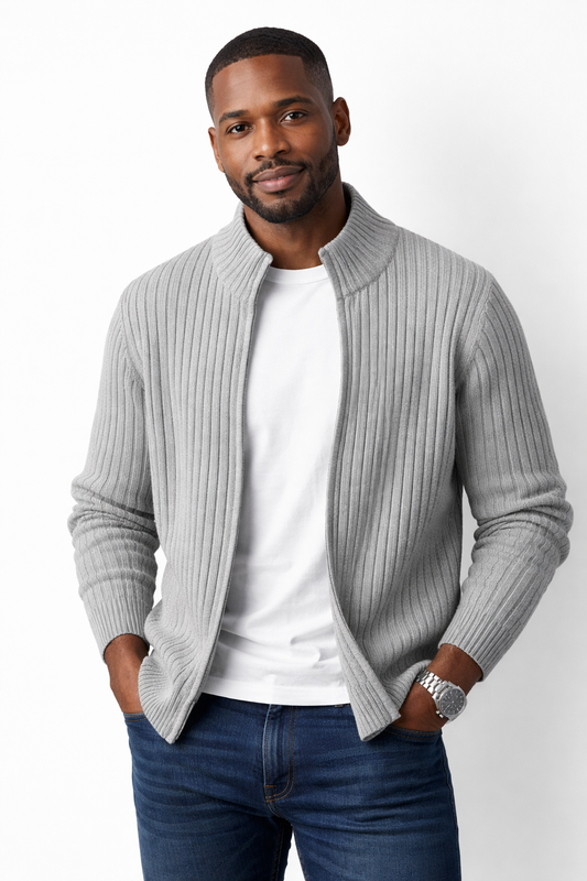 Men's ribbed knit zip up vest with stand collar