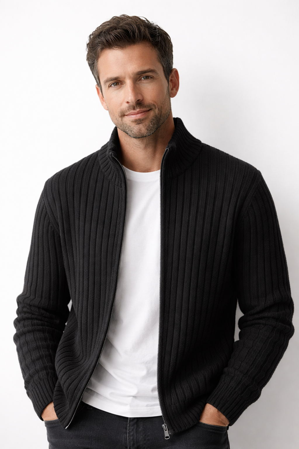 Men's ribbed knit zip up vest with stand collar