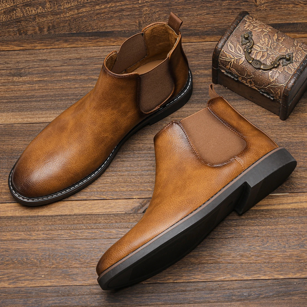Men's Almond Toe Chelsea Boots in Tan