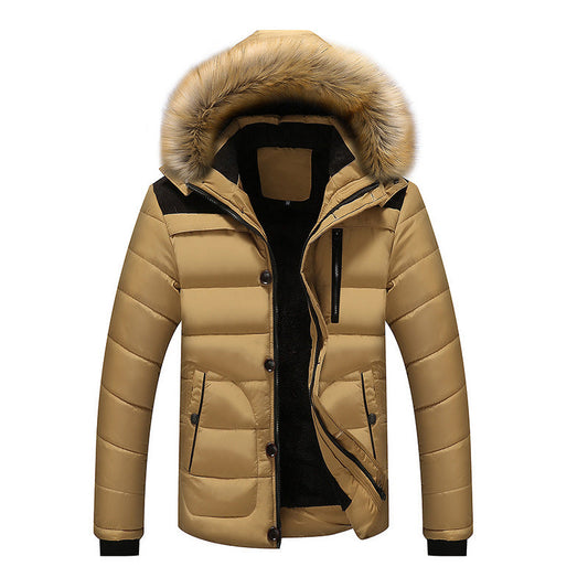 Men's Faux Fur Hood Puffer Winter Jacket in Camel