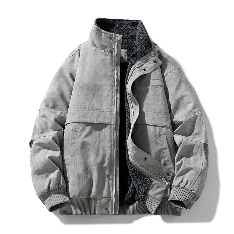 Men's Faux Suede Sherpa Winter Jacket in Light Gray