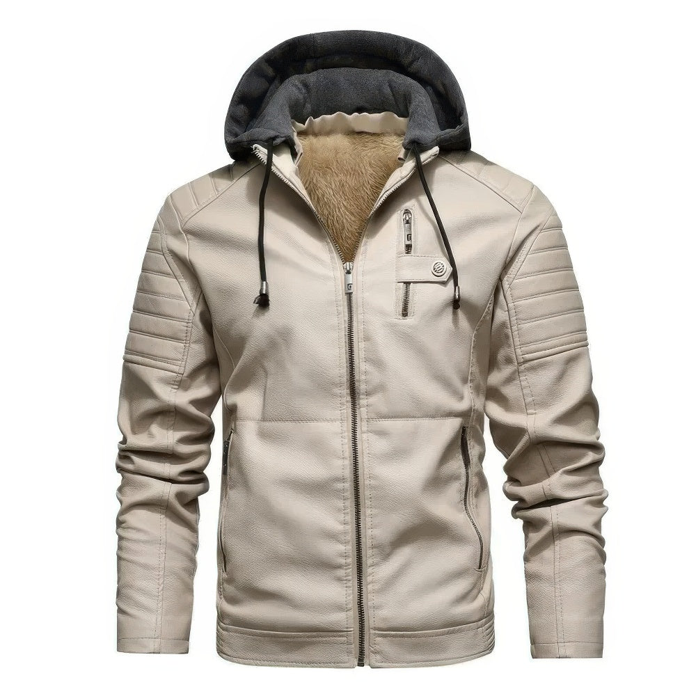 Men's Hooded Faux Leather Winter Jacket in Beige