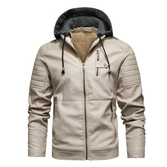 Men's Hooded Faux Leather Winter Jacket in Beige