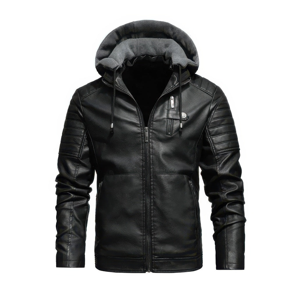 Men's Hooded Faux Leather Winter Jacket in Black
