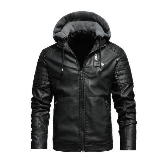 Men's Hooded Faux Leather Winter Jacket in Black
