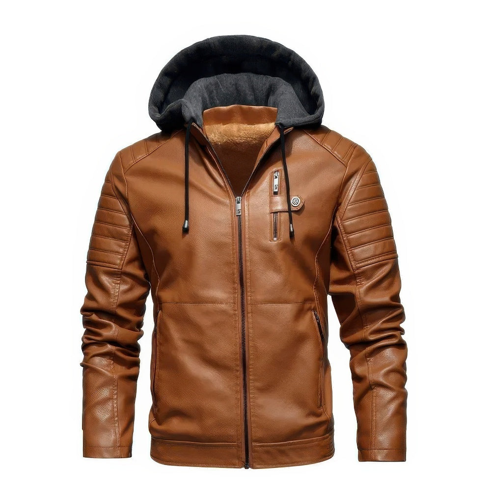 Men's Hooded Faux Leather Winter Jacket in Cognac