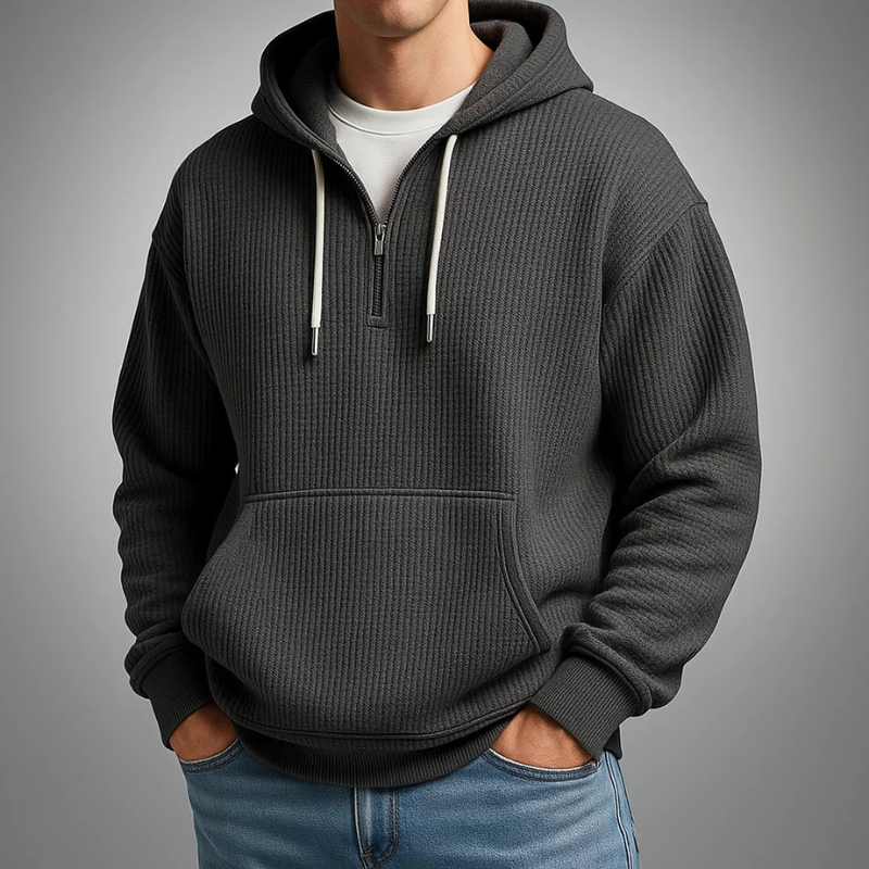 Men's Quarter Zip Waffle Hoodie in Charcoal Gray